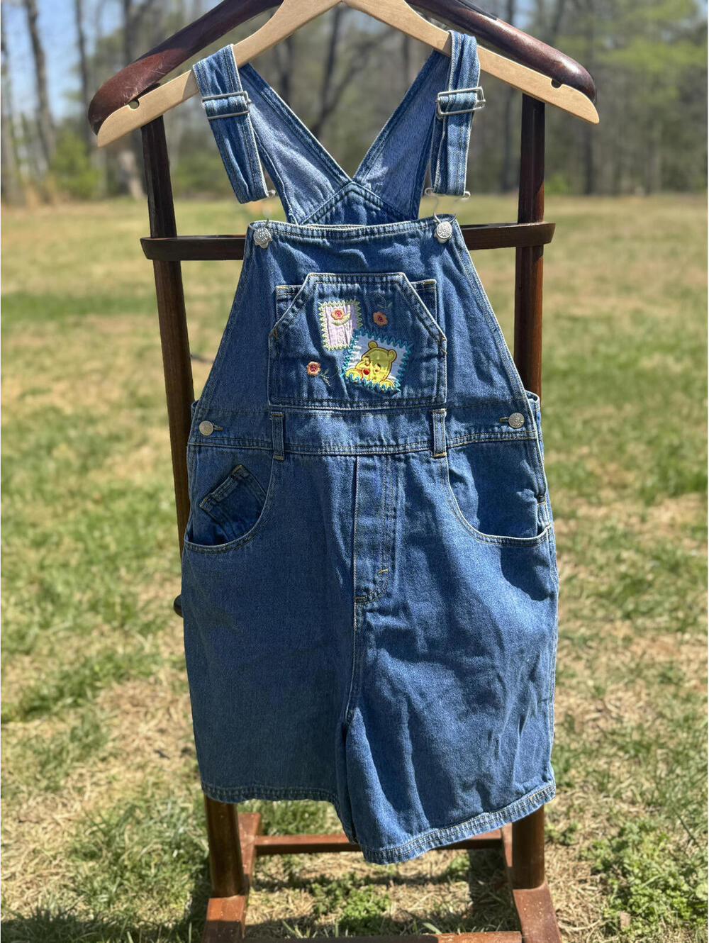 Vintage Denim Pooh Overall Dress with Floral Patchwork #209